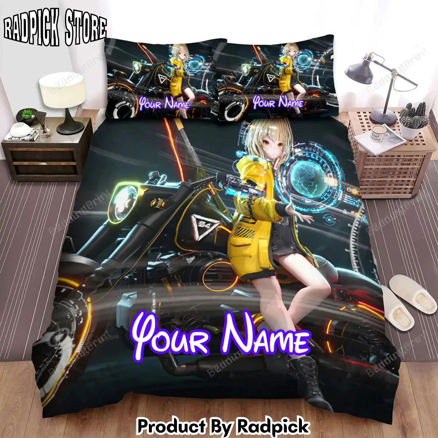 Radpick anime biker girl lean on his bike 3d illustration bed sheets spread duvet cover personalized name bedding sets rp3278765